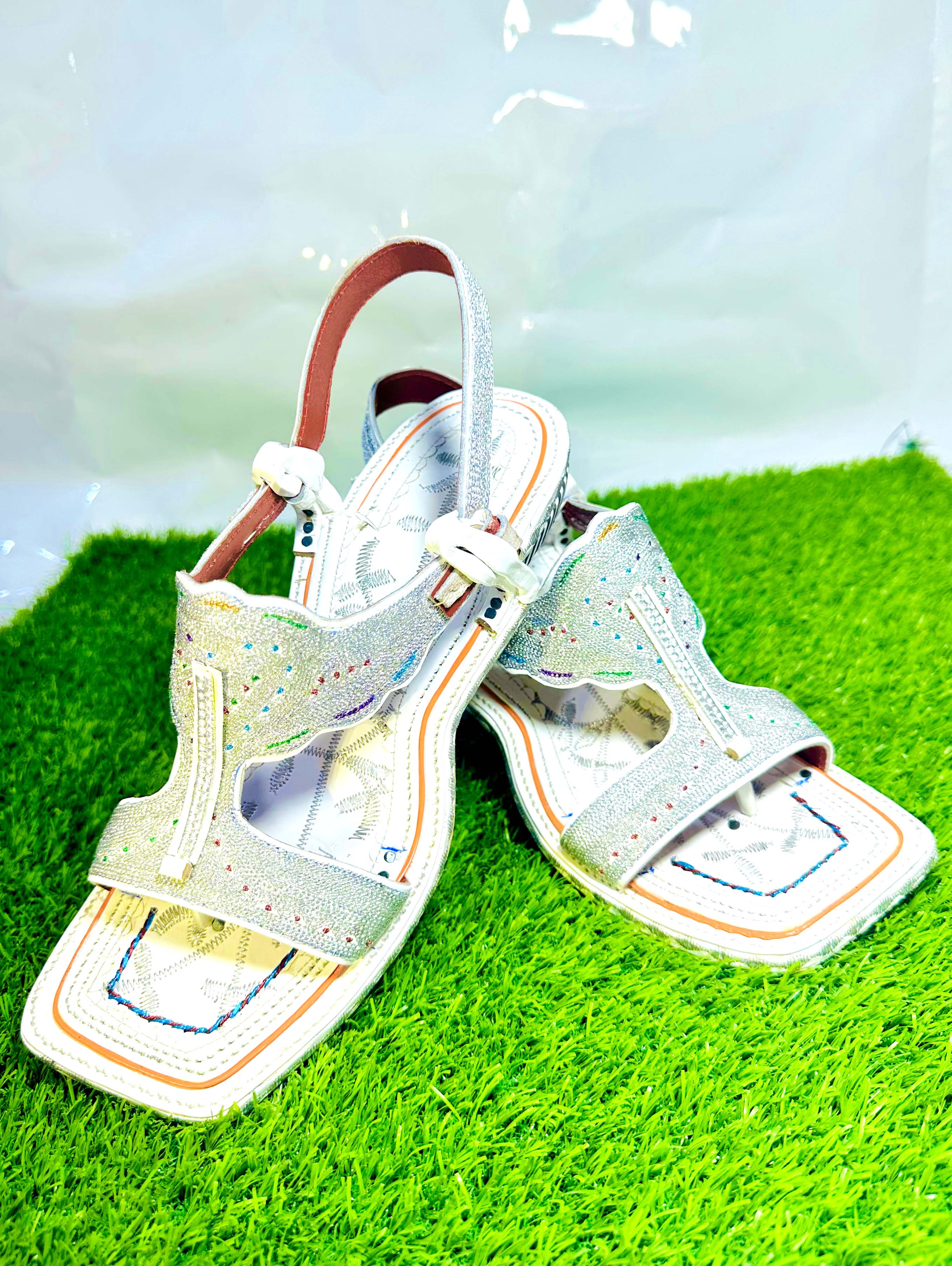 Fully Handmade Original  100% Leather ( White Zari Chapal )