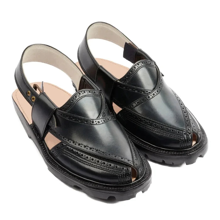 Handmade Black Brock Quetta Norozi Leather Chappal