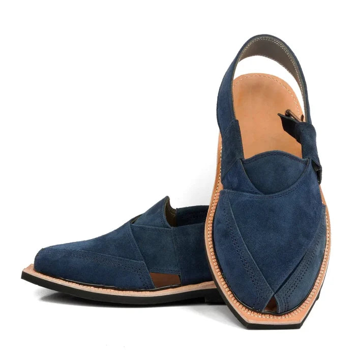 Hand Crafted Blue Suede Quetta Norozi Chappal With Single Sole